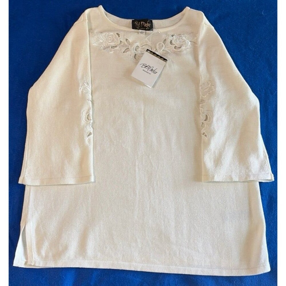 Bob Mackie Wearable Art Cream Floral Embroidered Sweater - Size L - NWT